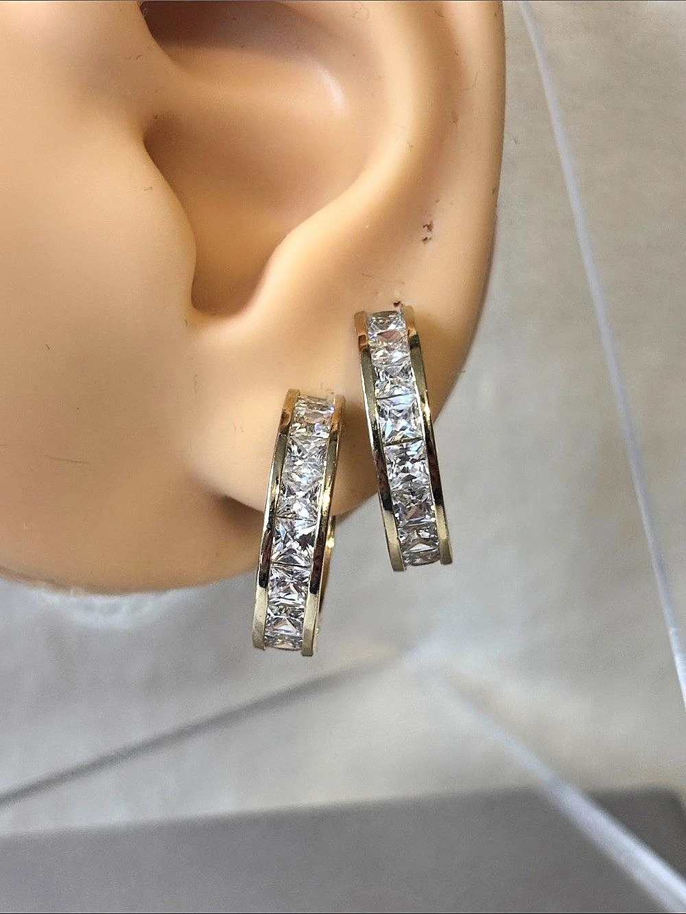 Princess Cut Channel Set CZ 18k Gold 925 over Sterling Silver Hoop Earrings
